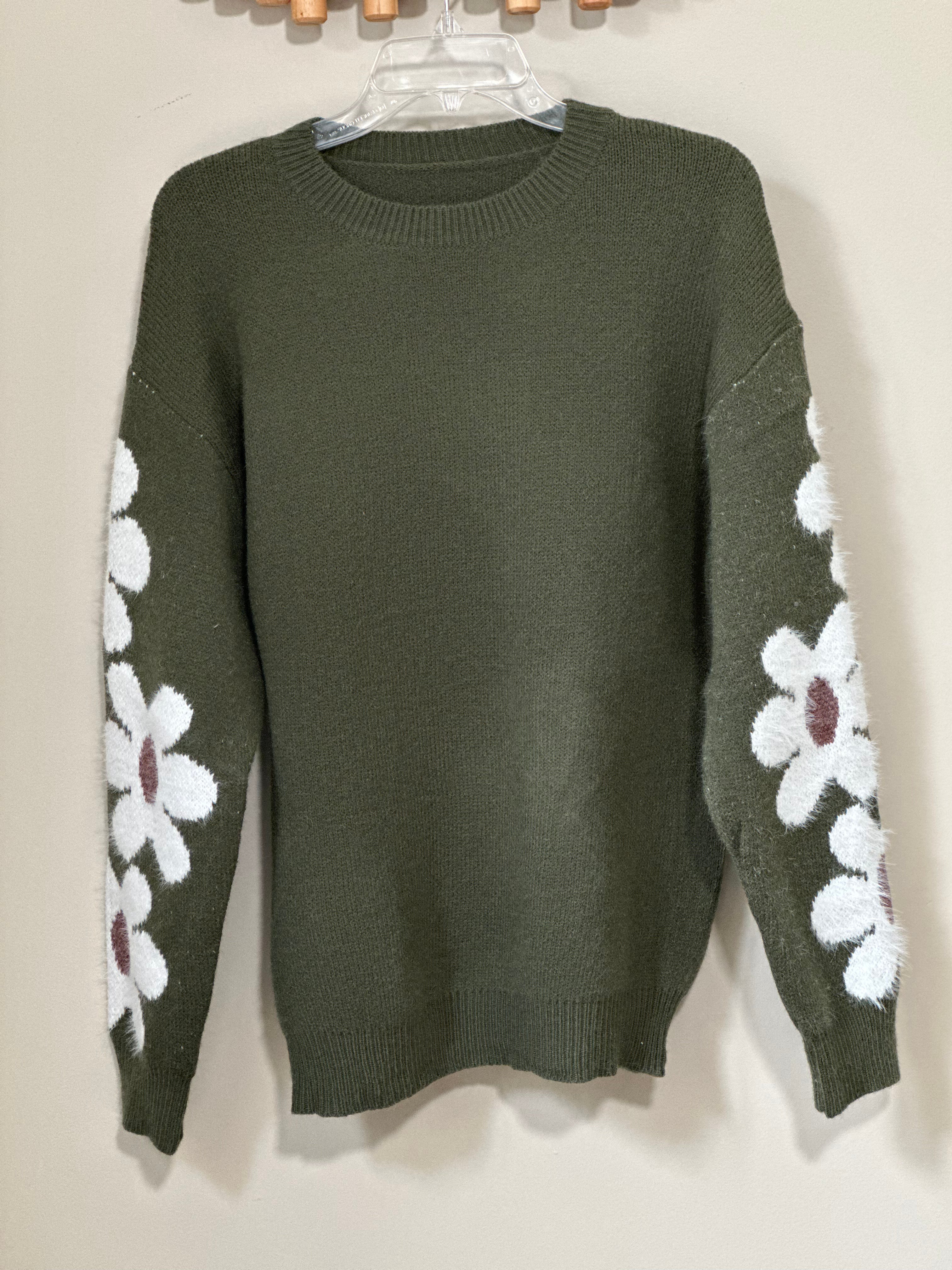 Floral Sleeve Pullover Sweater GREEN