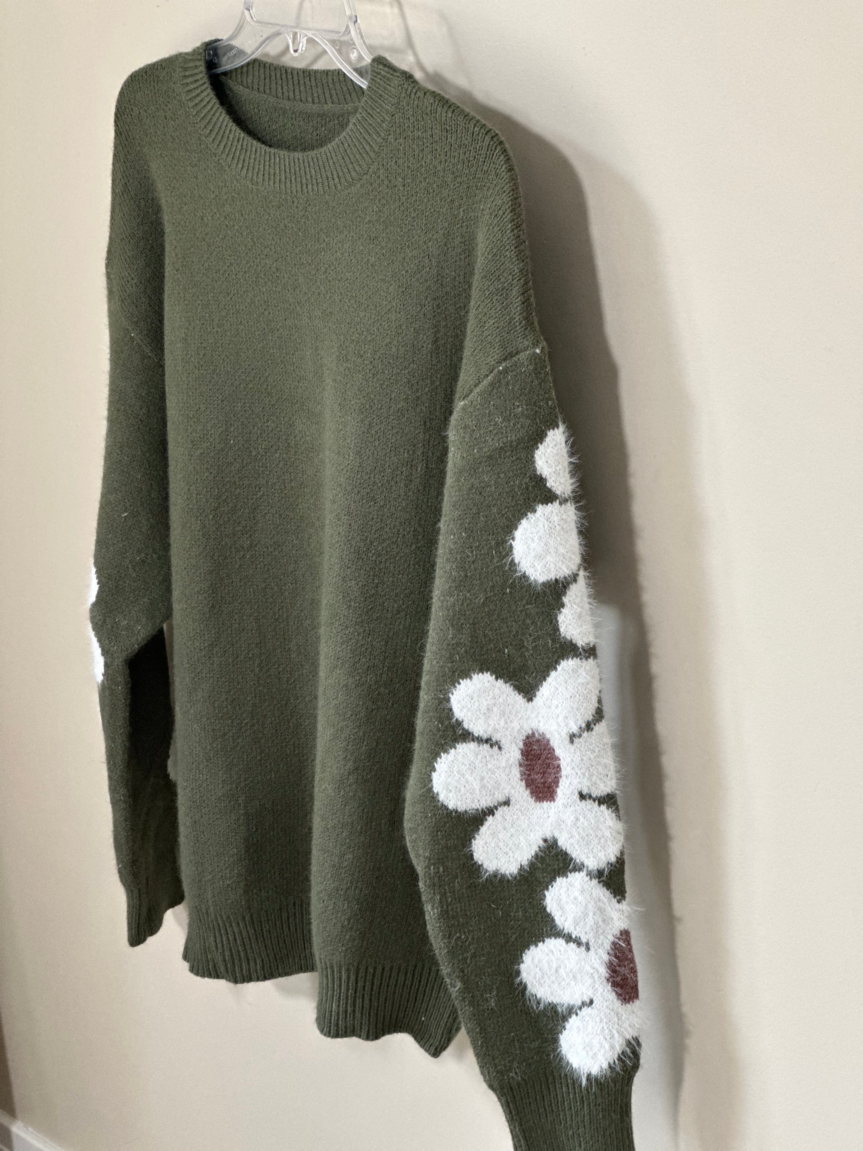 Floral Sleeve Pullover Sweater GREEN