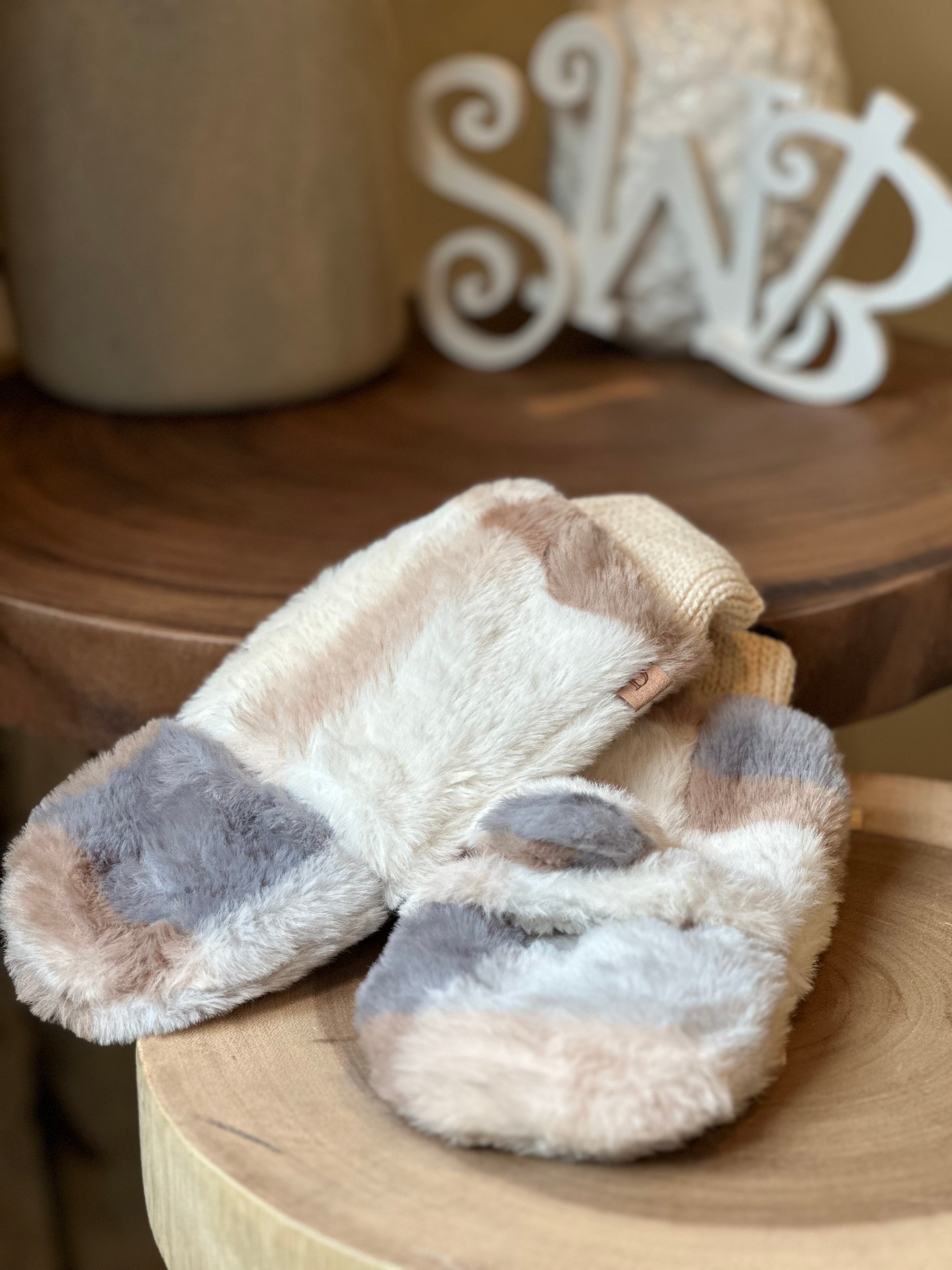 Plaid Convertible Fingerless Faux Fur Mittens BEIGE