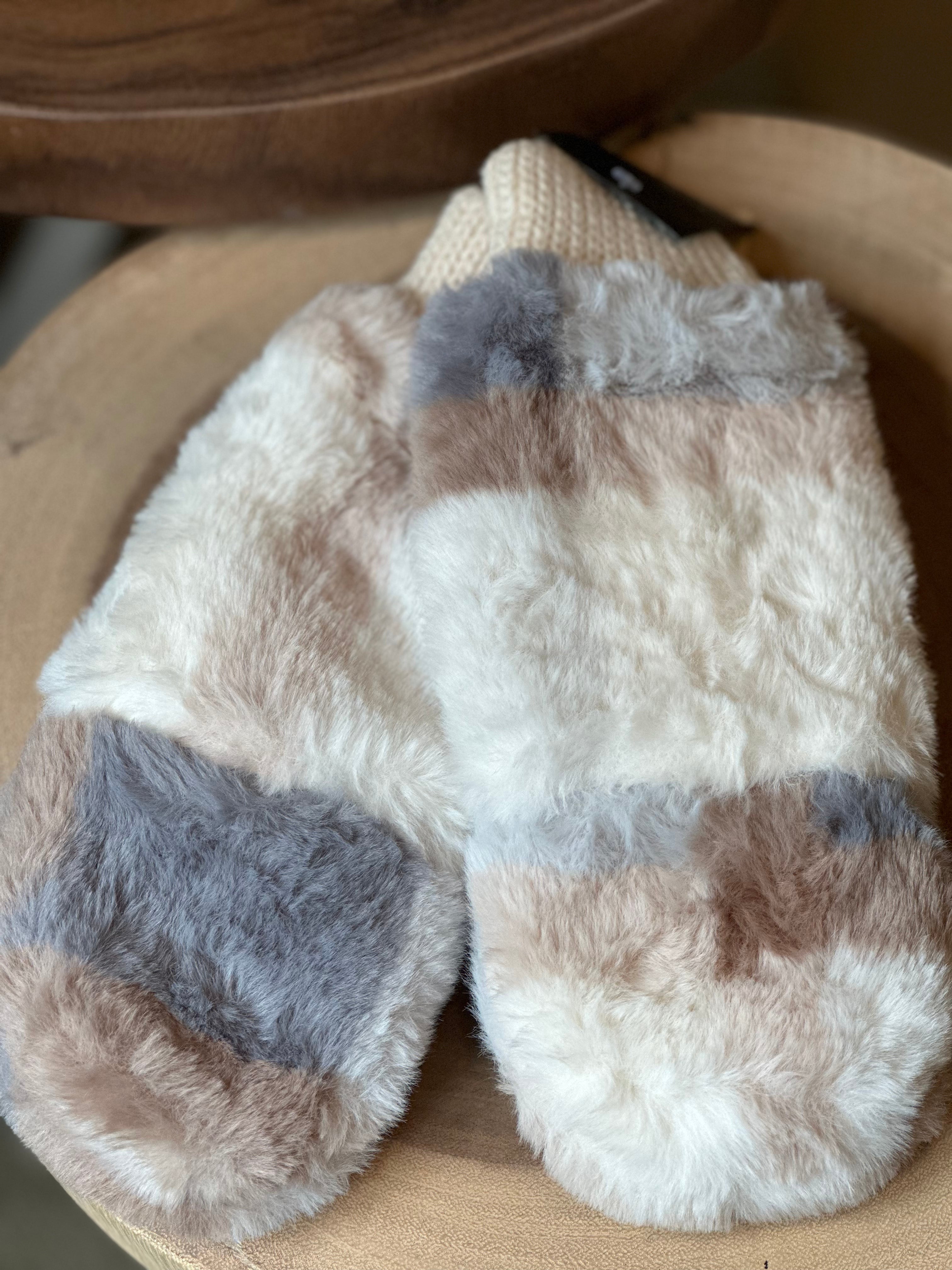 Plaid Convertible Fingerless Faux Fur Mittens BEIGE