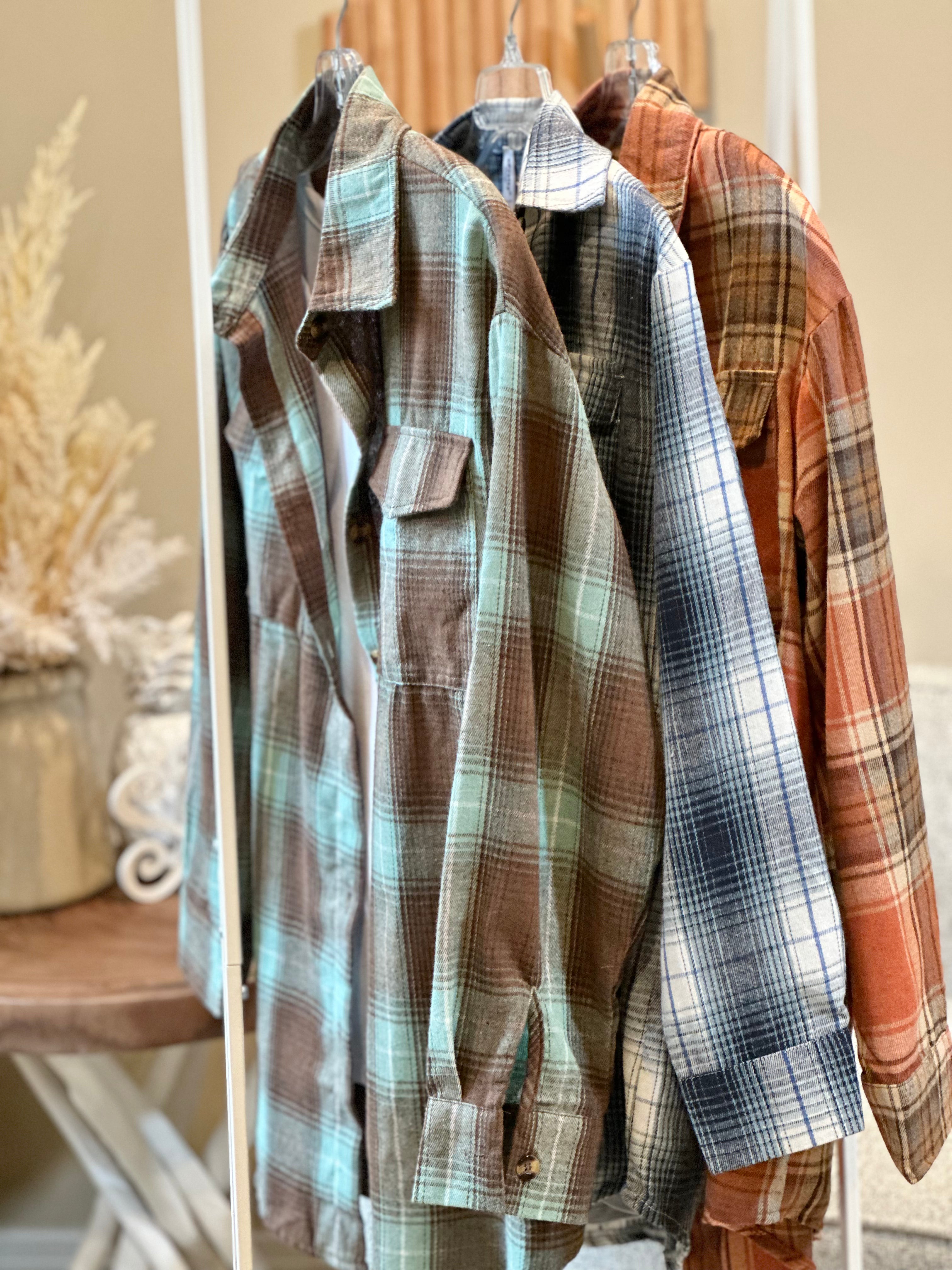 Plaid Button Down Flannel Shirt BROWN/AQUA