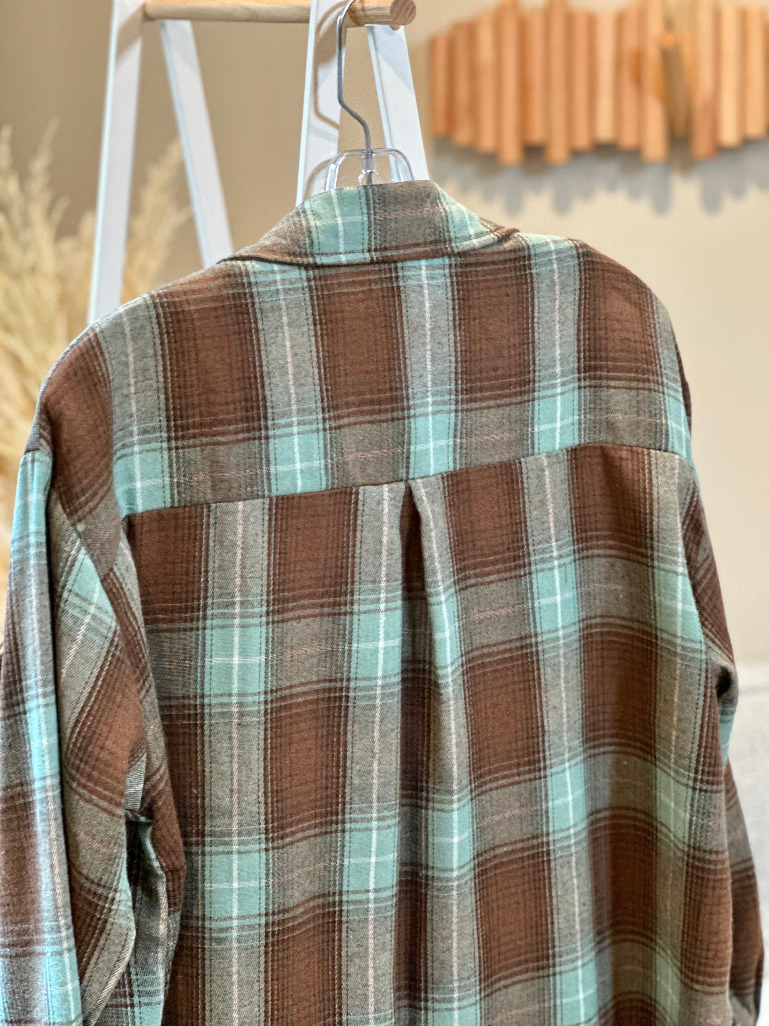 Plaid Button Down Flannel Shirt BROWN/AQUA