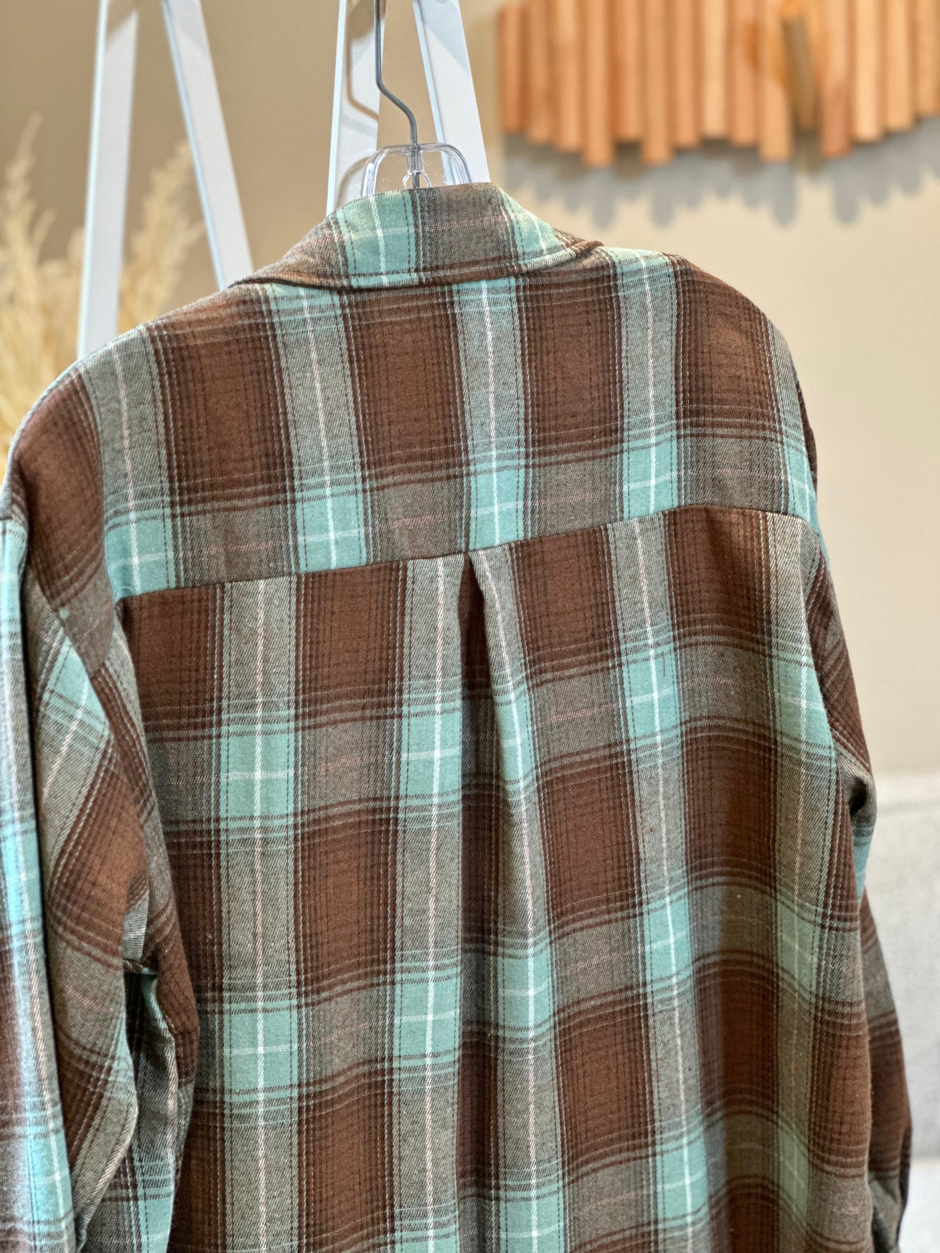 Plaid Button Down Flannel Shirt BROWN/AQUA