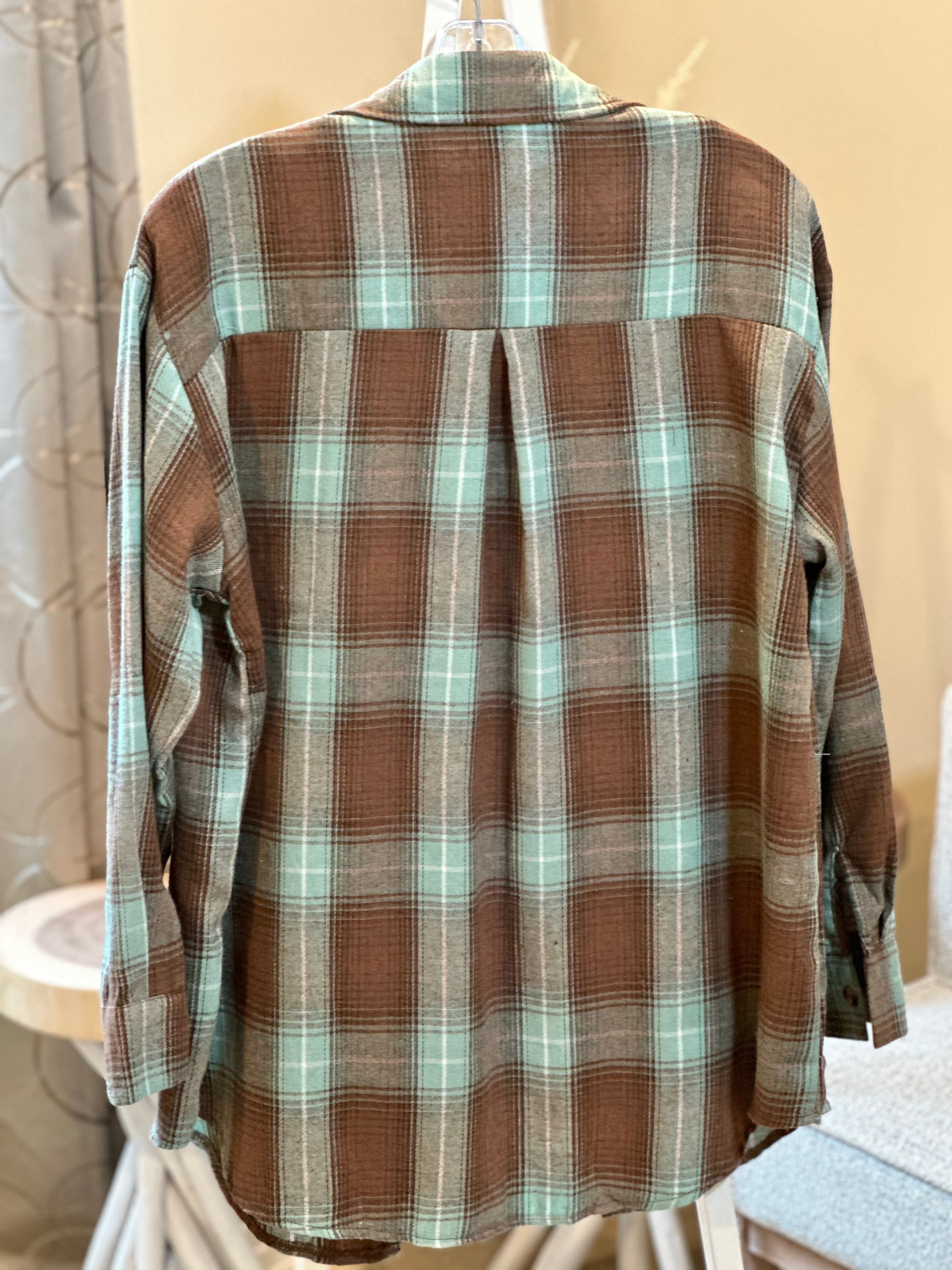 Plaid Button Down Flannel Shirt BROWN/AQUA