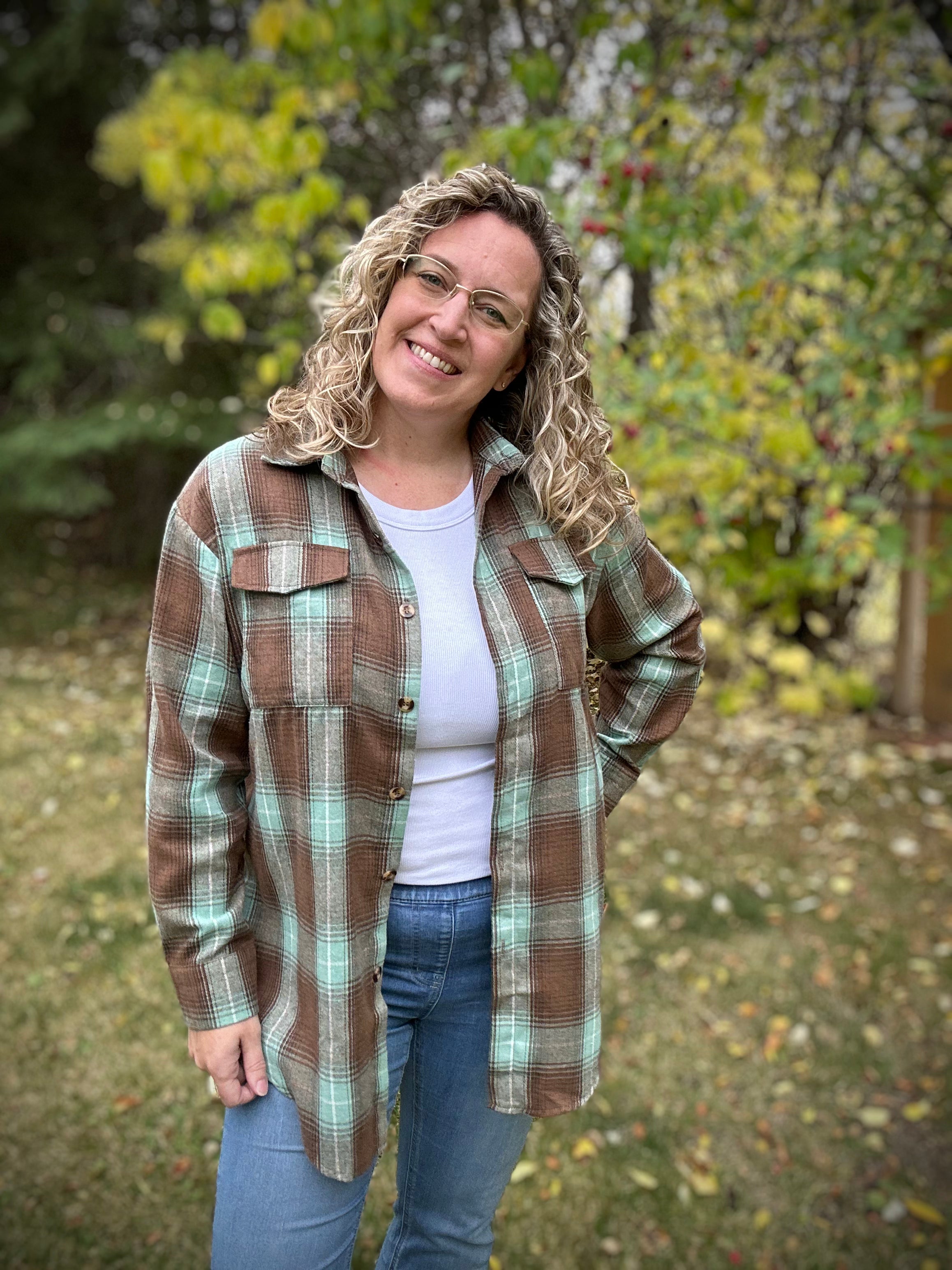 Plaid Button Down Flannel Shirt BROWN/AQUA