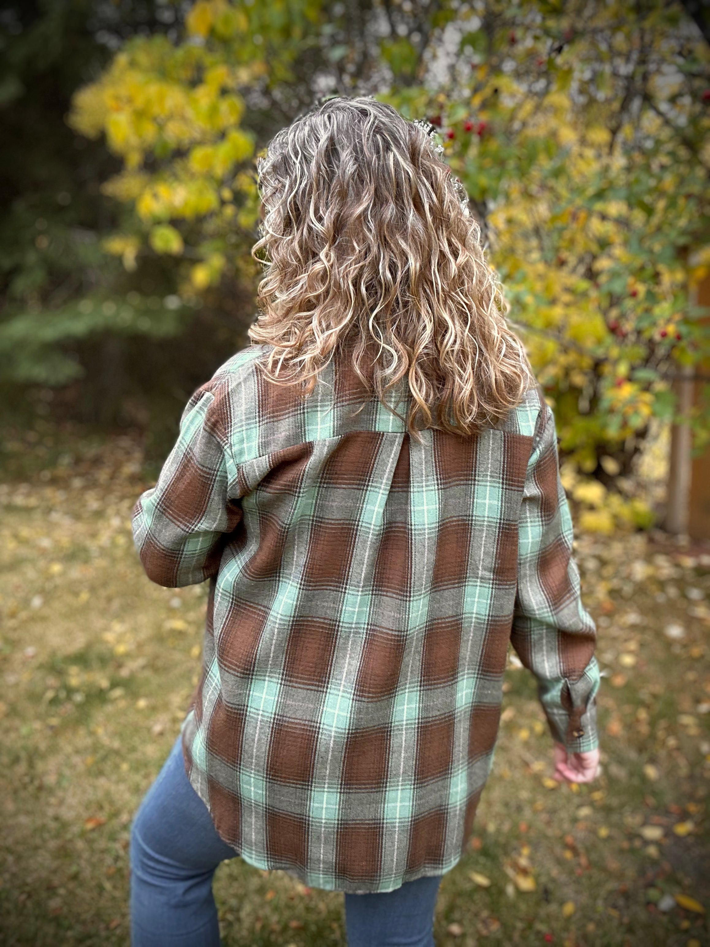 Plaid Button Down Flannel Shirt BROWN/AQUA