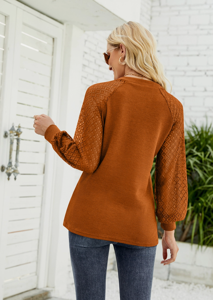 Lace Long Sleeve Casual Top RUST