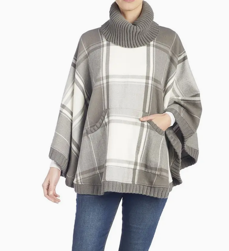 Ribbed Trim Plaid Poncho with Pockets GREY