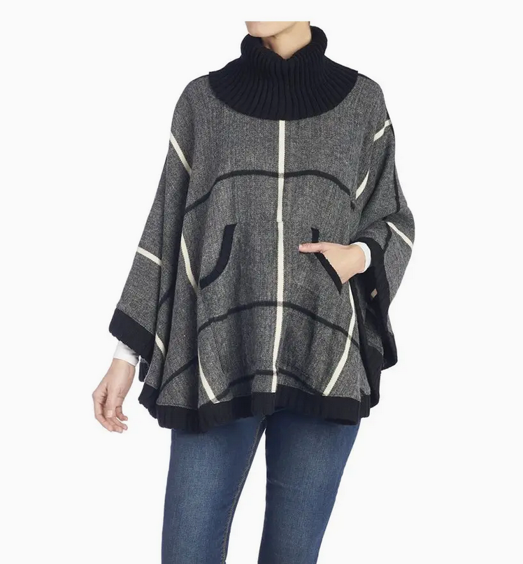 Ribbed Trim Plaid Poncho with Pockets BLACK