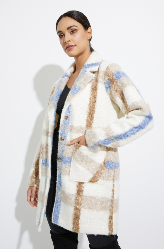 Plaid Boucle Knit Button Up Coat OAT/BLUE