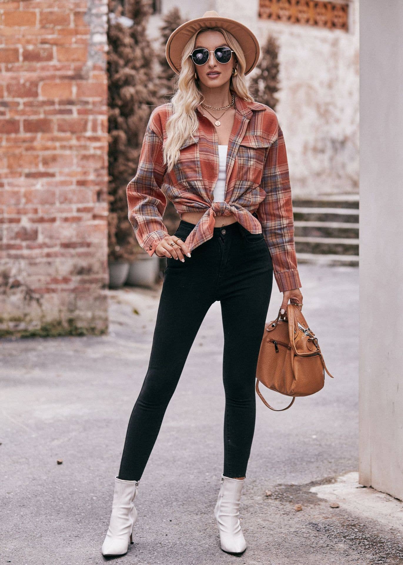 Plaid Button Down Flannel Shirt CLAY/BROWN