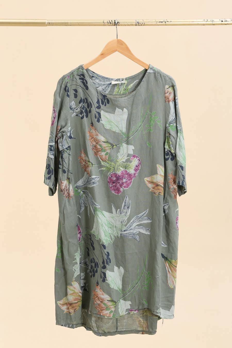 Linen Midi Floral Dress GREEN