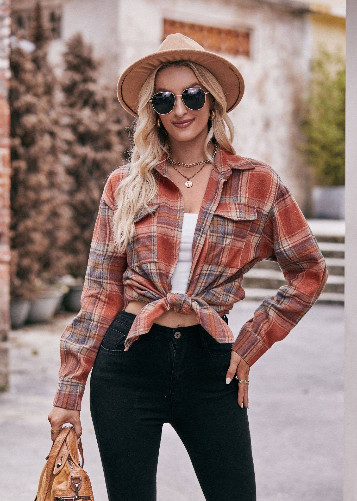 Plaid Button Down Flannel Shirt CLAY/BROWN