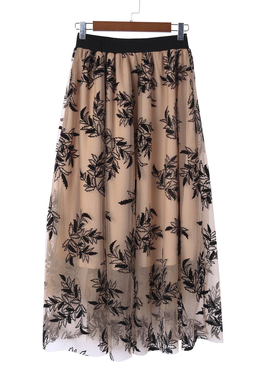 Floral Leaves Embroidered Tulle Maxi Skirt