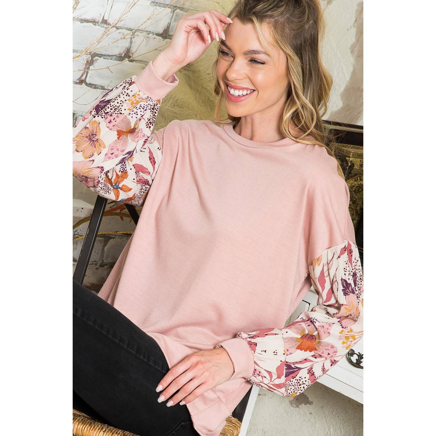 Floral Contrast Sleeve Top