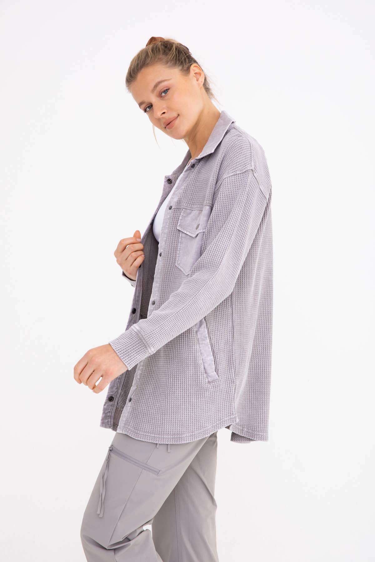 Waffle Knit Mineral-Washed Button Down SLATE GREY