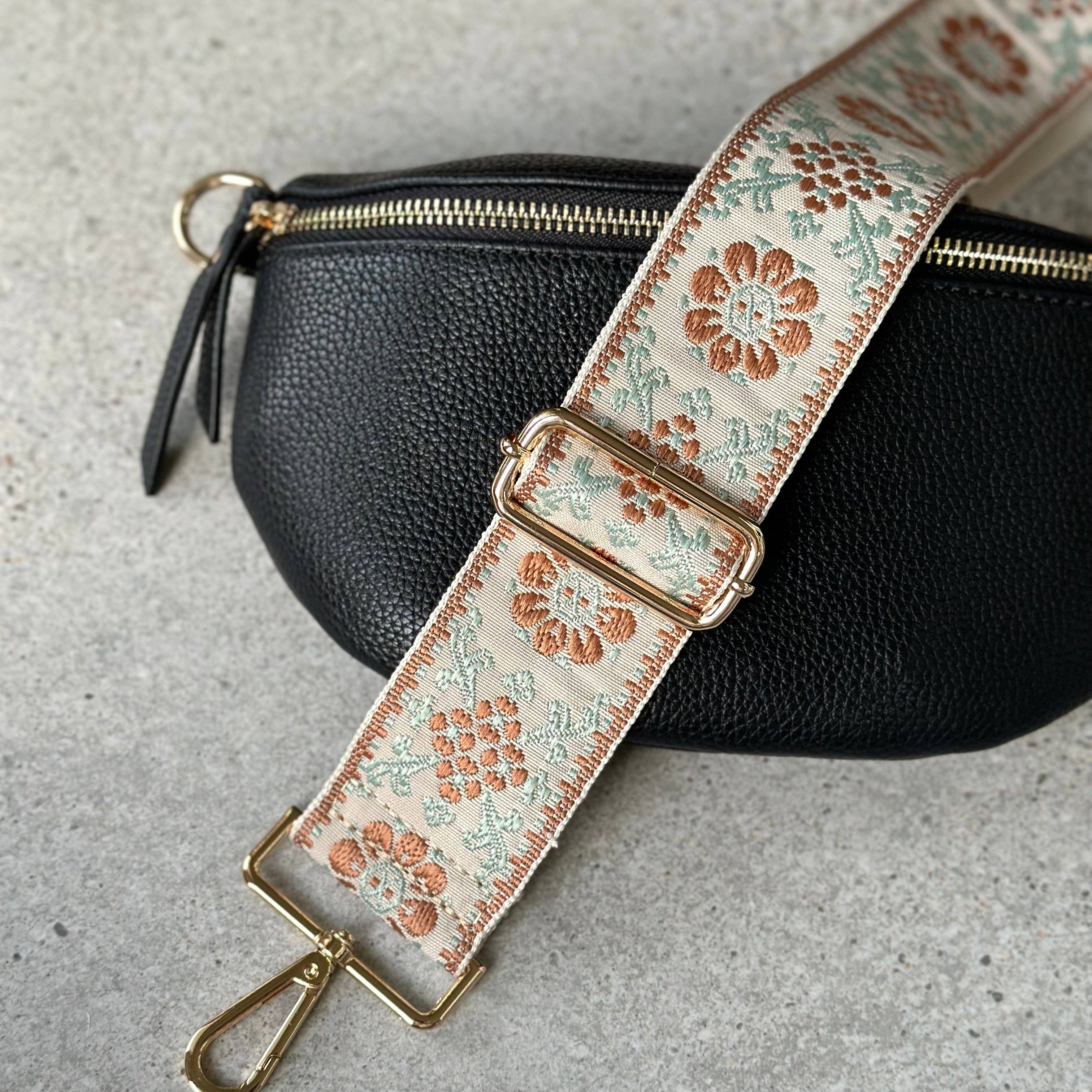 Crossbody Bag Guitar Strap - Mint Brown Floral