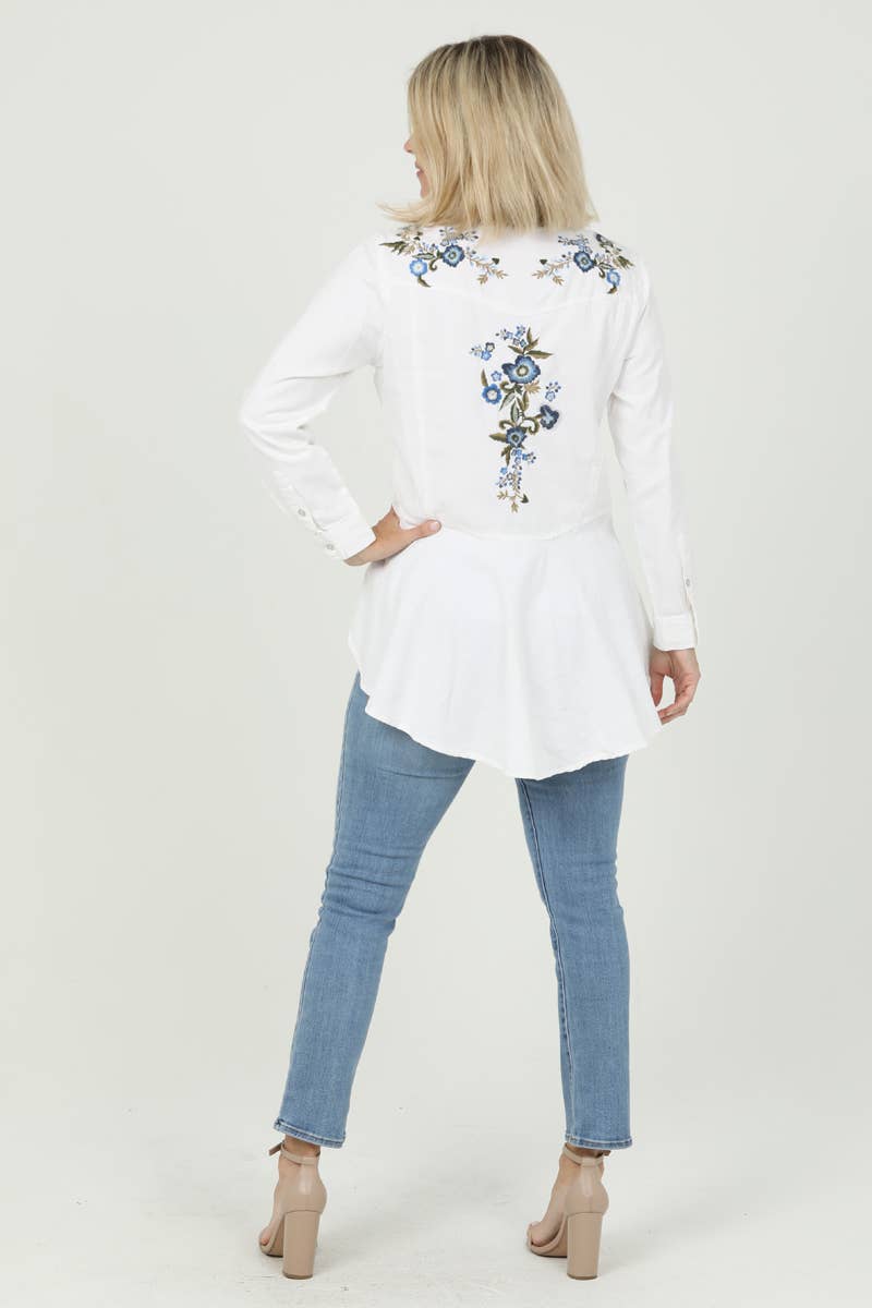Embroidered Back Button Up Top WHITE
