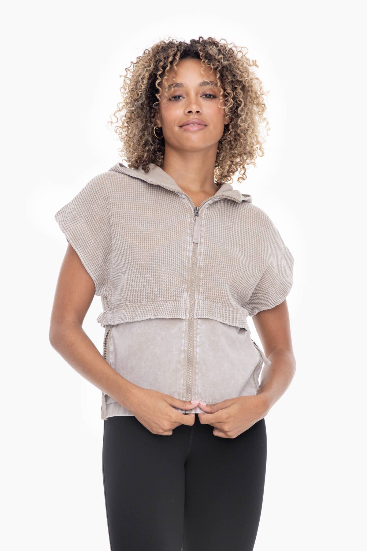 Cotton Mineral Wash Short Sleeve Zip-Up Hoodie: TAUPE