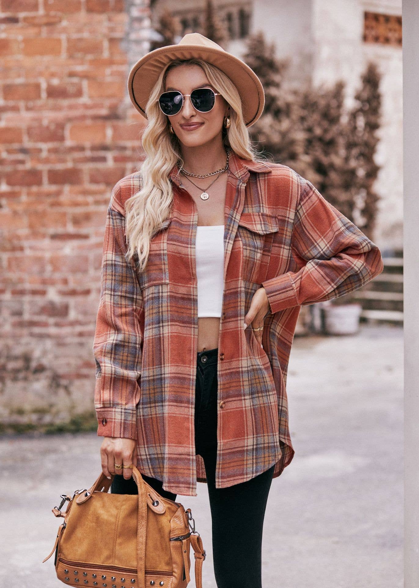 Plaid Button Down Flannel Shirt CLAY/BROWN