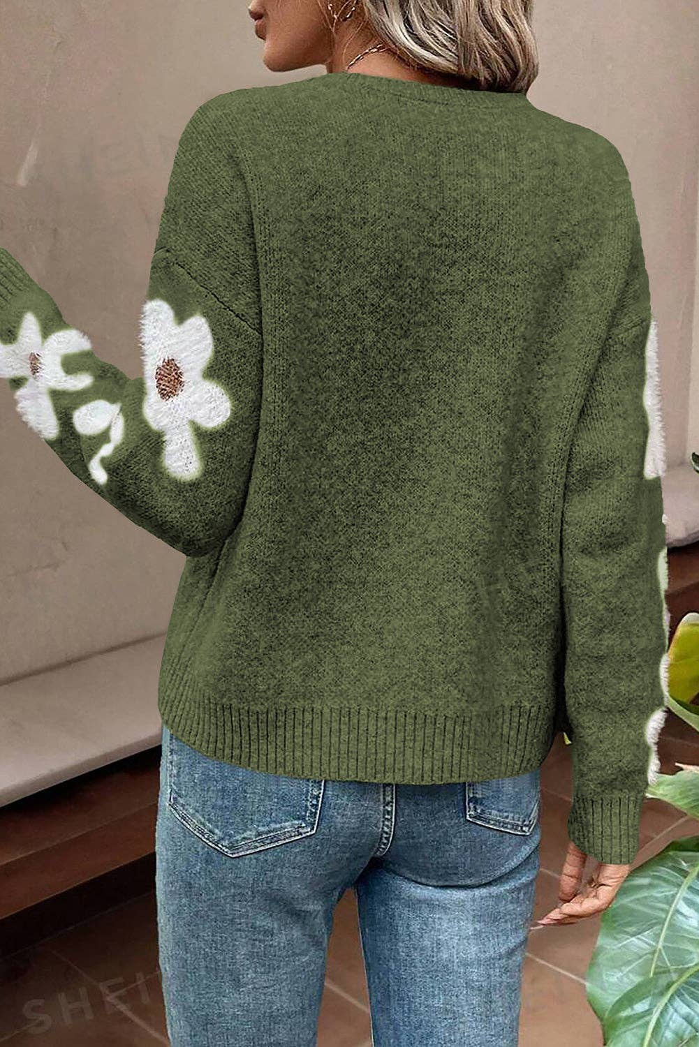 Floral Sleeve Pullover Sweater GREEN