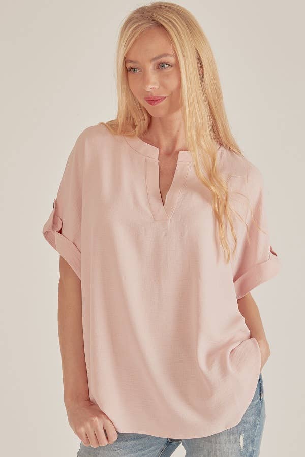 Button Sleeve V-Neck Top PINK