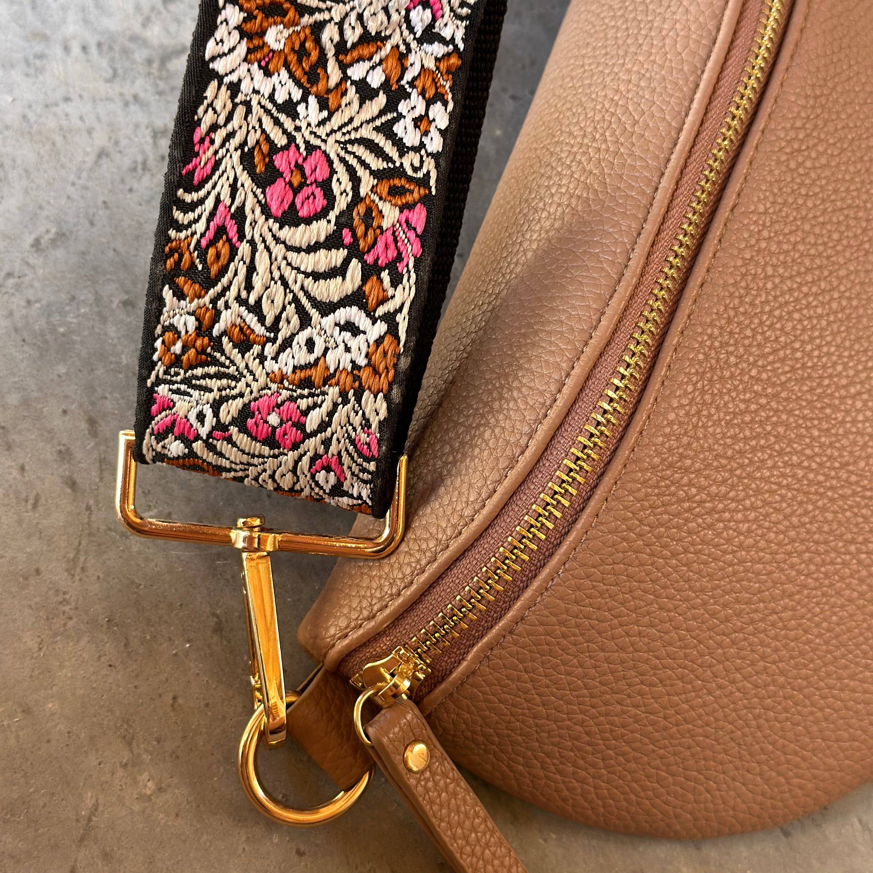 Crossbody Bag Guitar Strap - Brown and Pink Flower