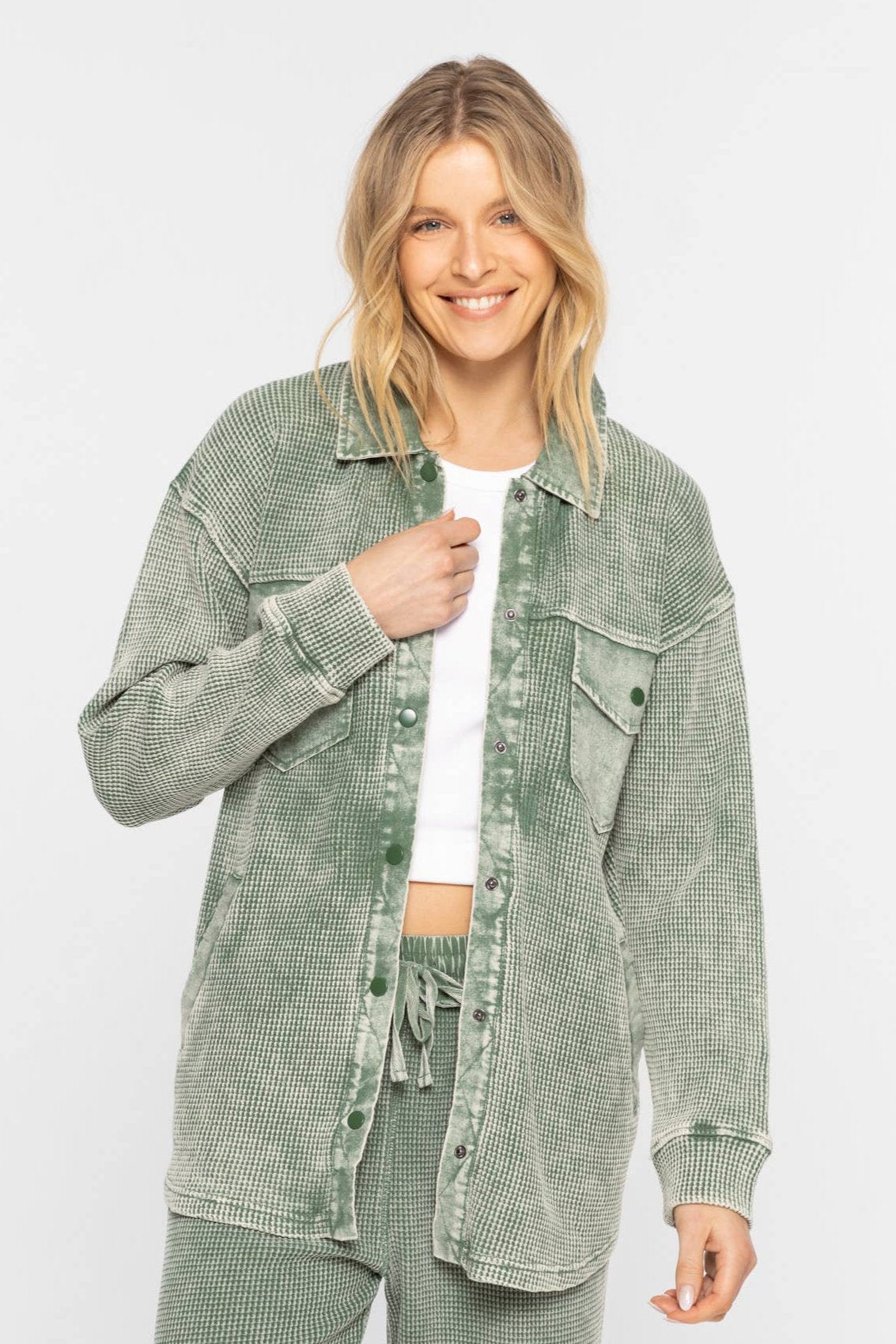 Waffle Knit Mineral-Washed Button Down DARK BASIL