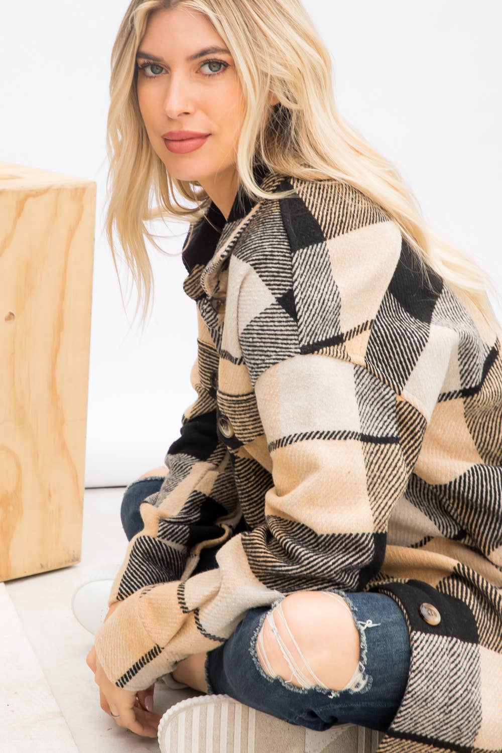 Plaid Print Long Button Up Shacket