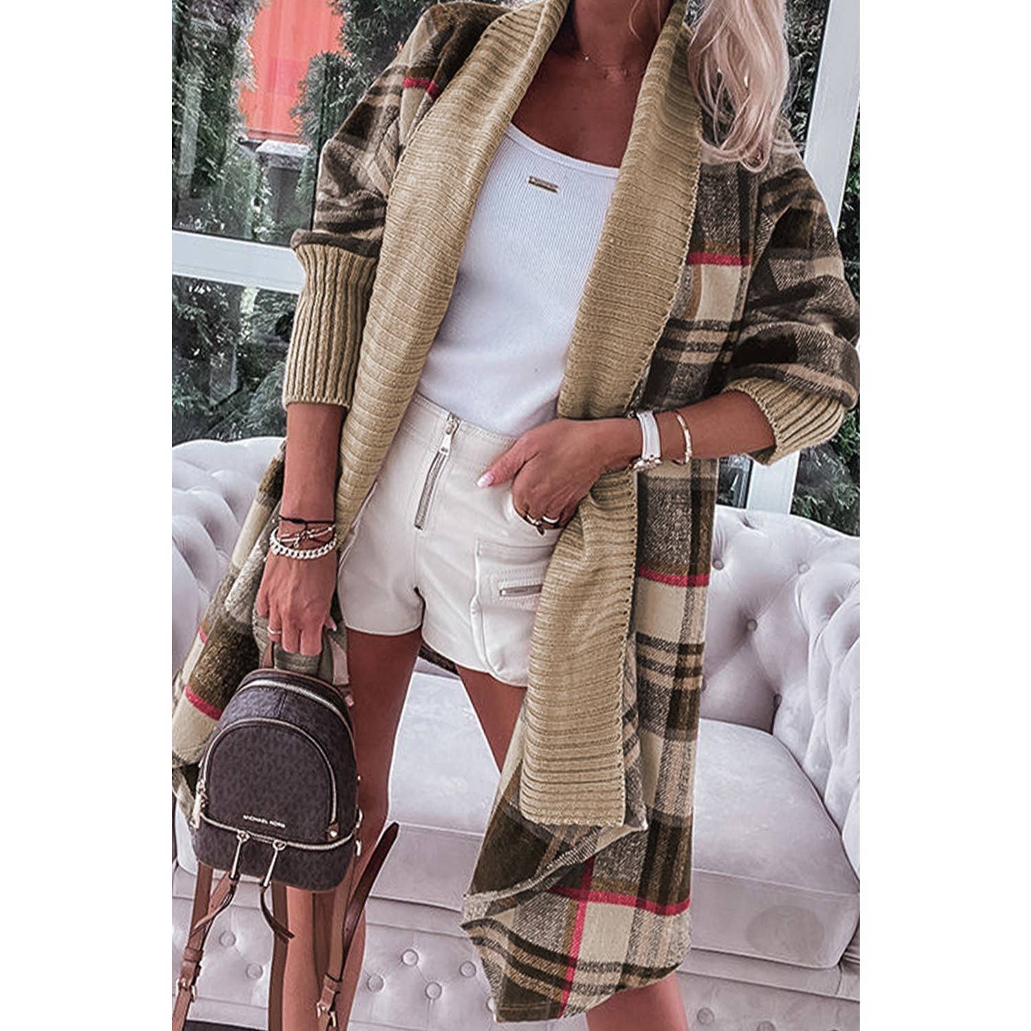 Ribbed Knit Accent Plaid Solid Woven Cardigan