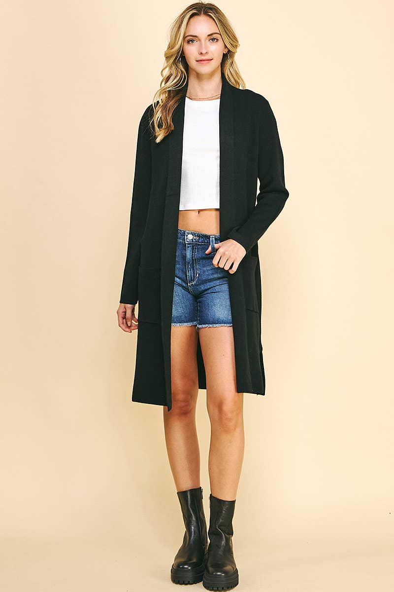 Classic Open Front Knit Cardigan BLACK