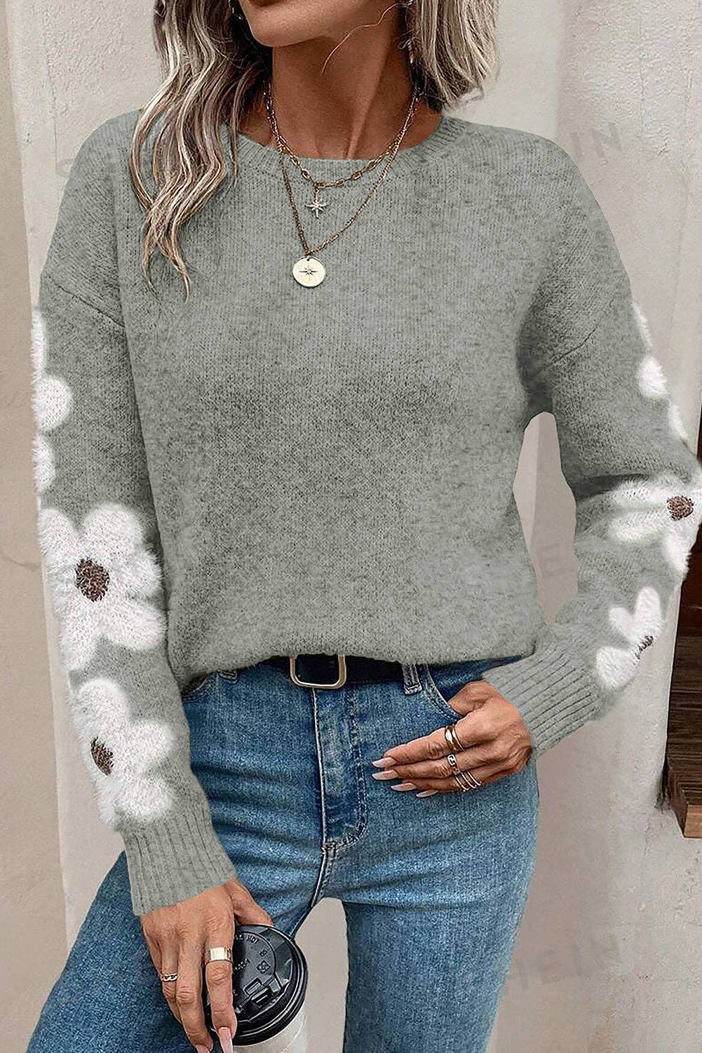 Floral Sleeve Pullover Sweater GREY