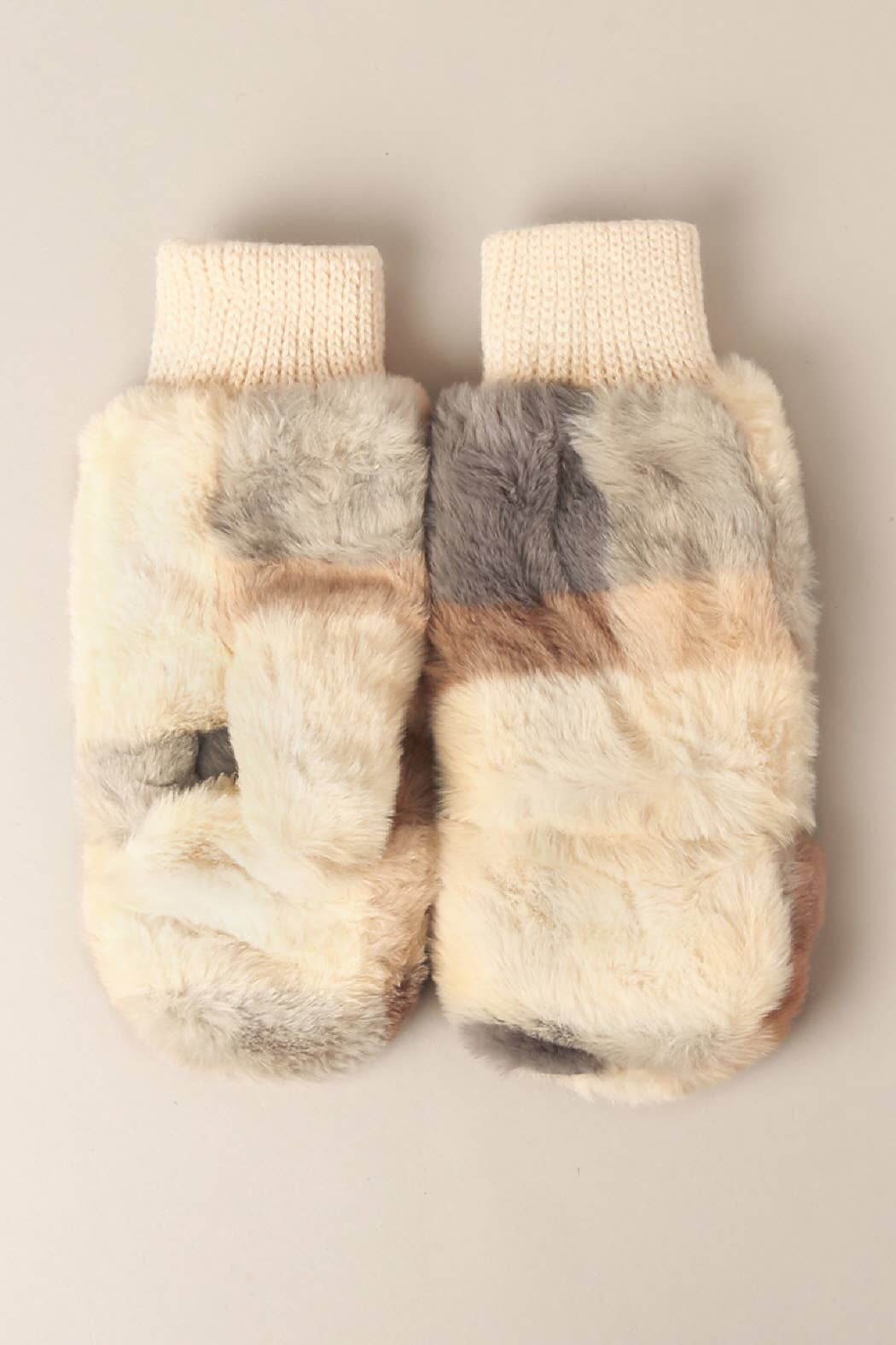 Plaid Convertible Fingerless Faux Fur Mittens BEIGE