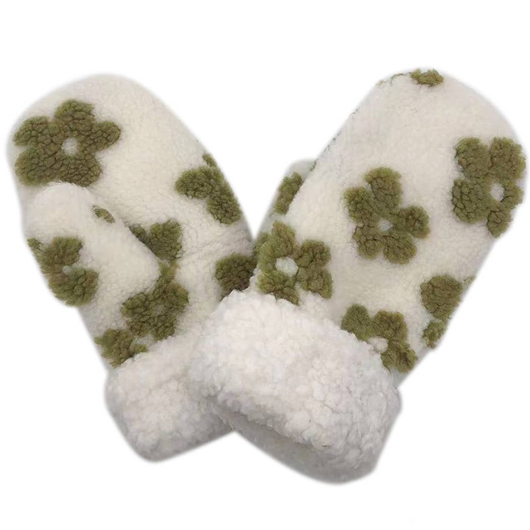 Floral Pattern Sherpa Mittens GREEN