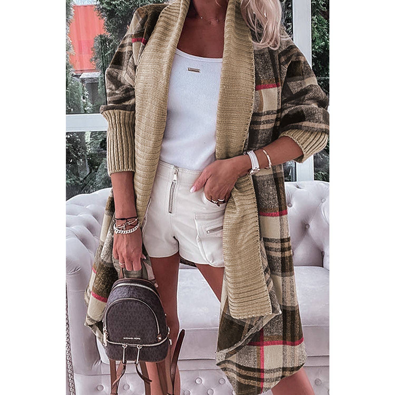 Ribbed Knit Accent Plaid Solid Woven Cardigan