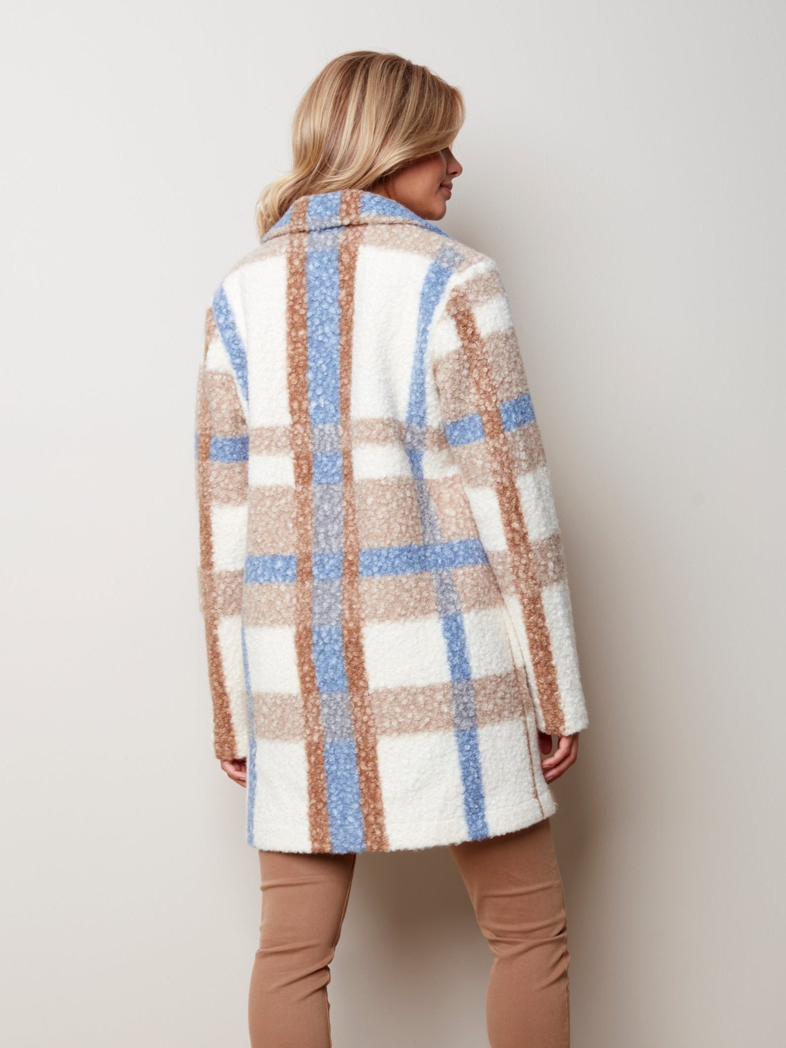 Plaid Boucle Knit Button Up Coat OAT/BLUE