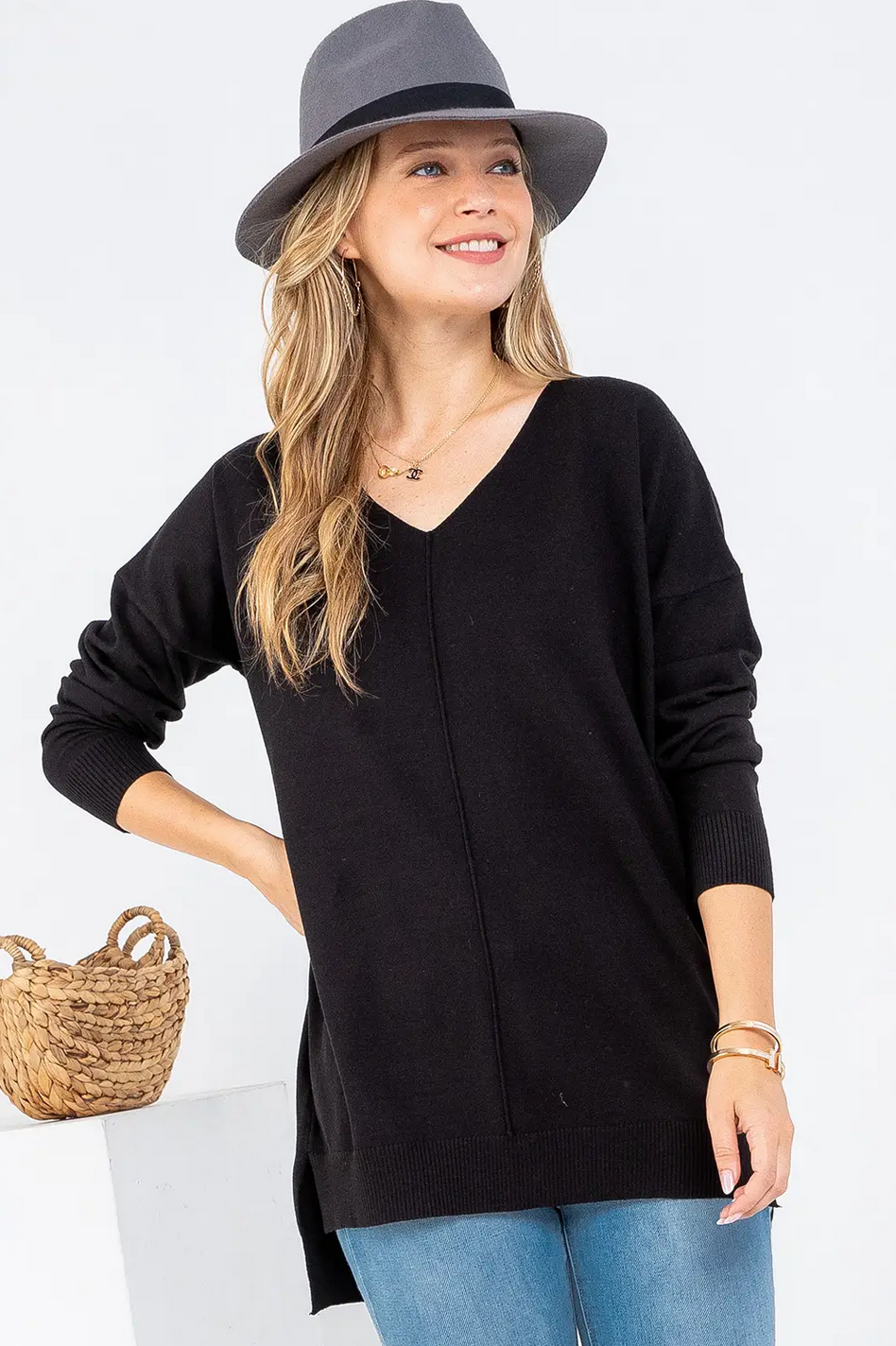 Casual Knit V Neck Top BLACK