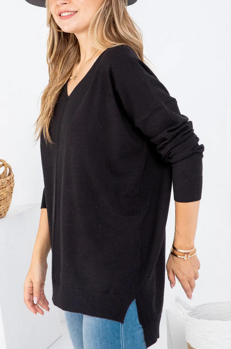 Casual Knit V Neck Top BLACK