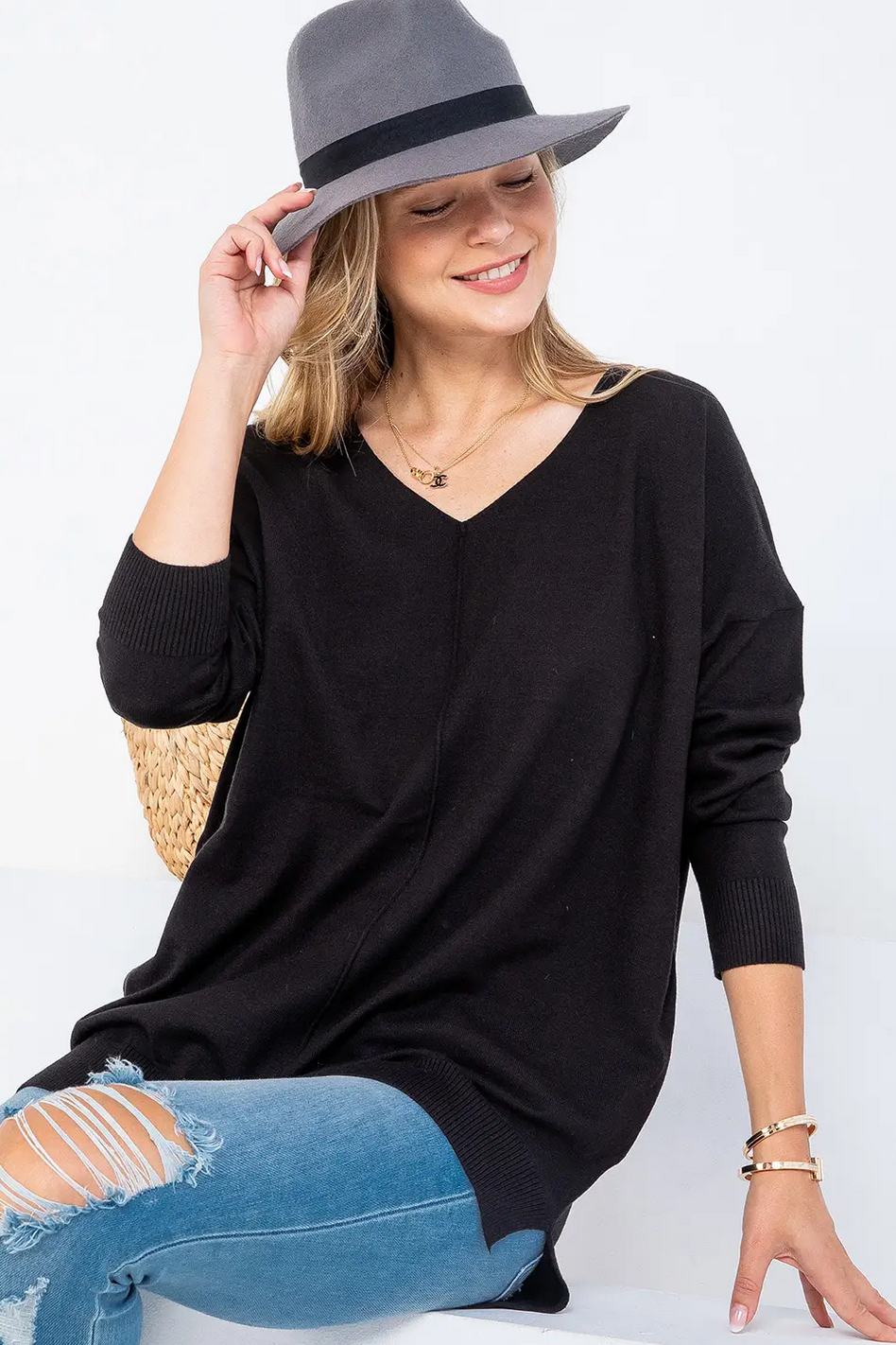 Casual Knit V Neck Top BLACK