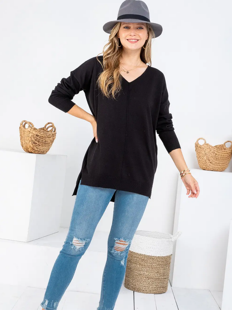 Casual Knit V Neck Top BLACK