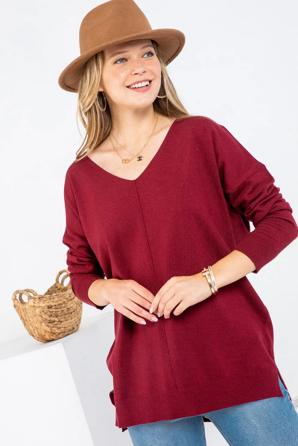 Casual Knit V Neck Top BURGUNDY