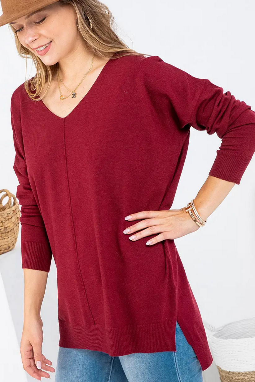 Casual Knit V Neck Top BURGUNDY