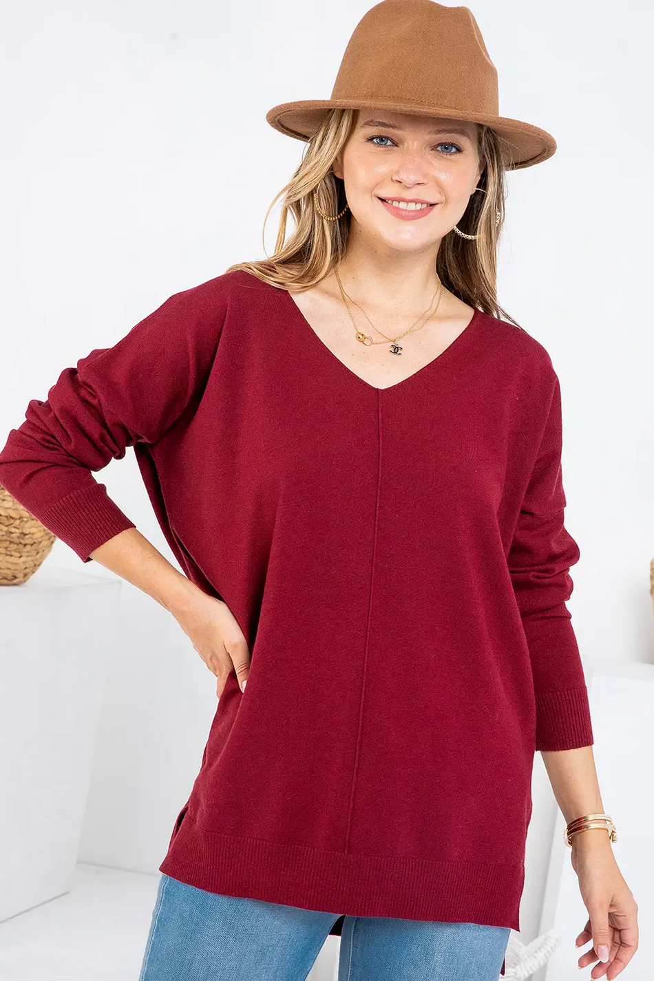 Casual Knit V Neck Top BURGUNDY