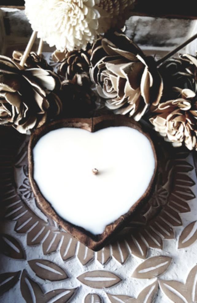 Heart Shaped Wood Dough-Bowl Candle