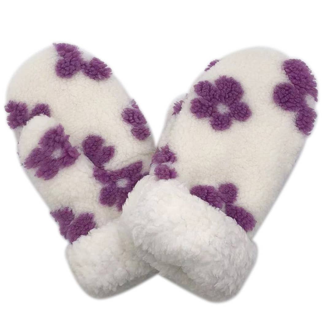 Floral Pattern Sherpa Mittens PURPLE